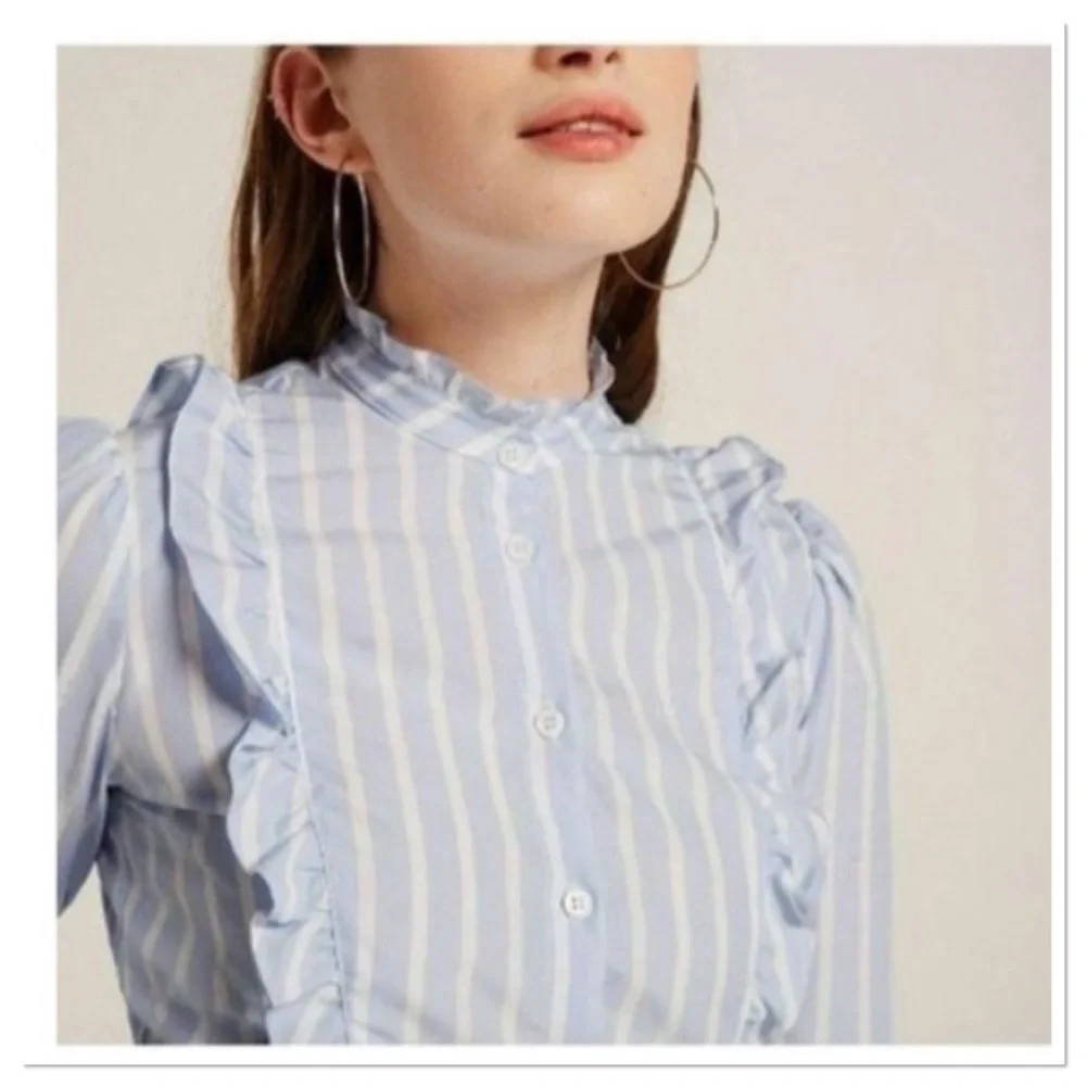Reformation Etta Top In Lydia Striped Ruffle Edge Button Up Front Blue Size L - Picture 2 of 10